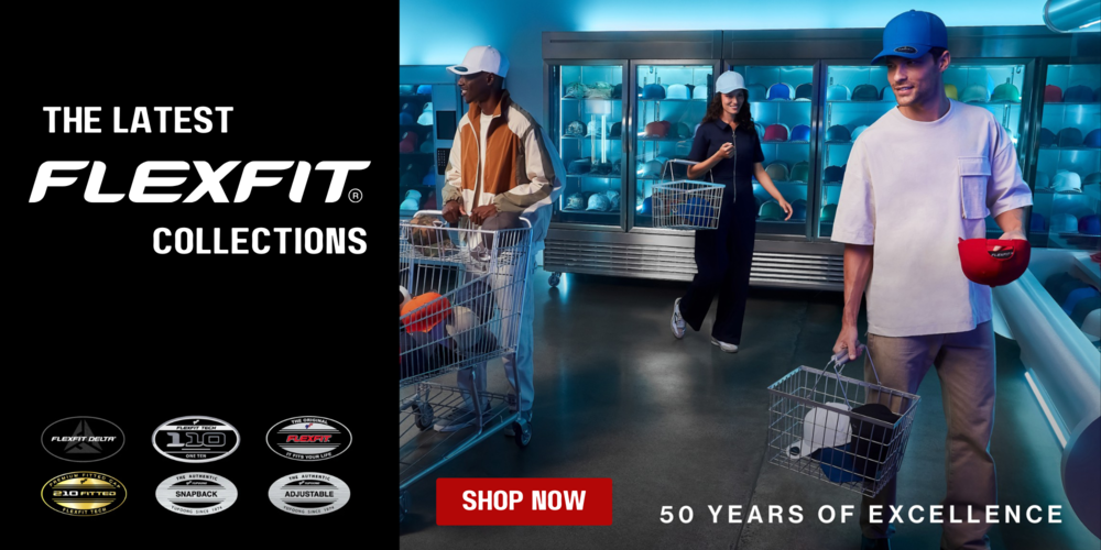 people shopping with flexfit baseball caps in their cart